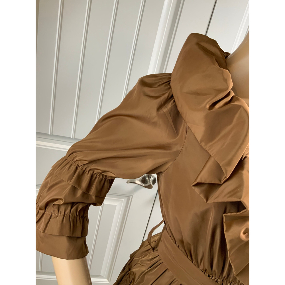 Ryu Women's Ruffled Mini Tiered Dress Size Small Brown 3/4 Sleeves Belted V-Neck - Picture 6 of 15